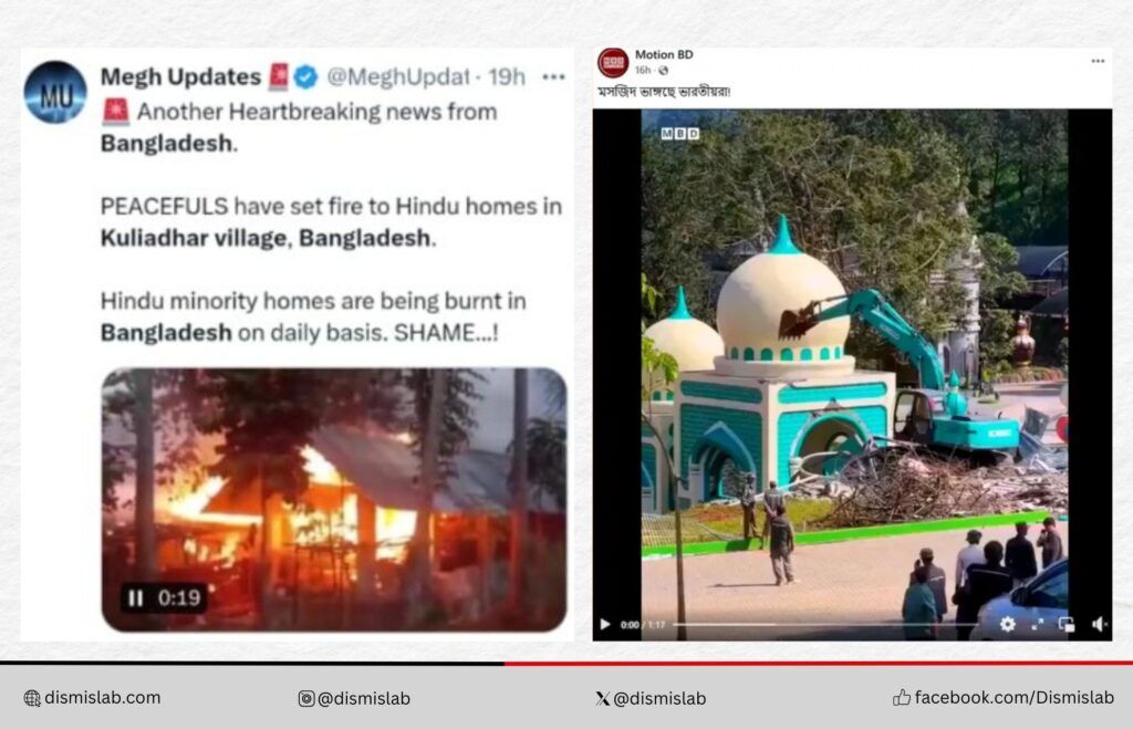 Screenshot of social media posts claiming that Hindu homes were set on fire in Bangladesh (left) and mosques were demolished in India (right).