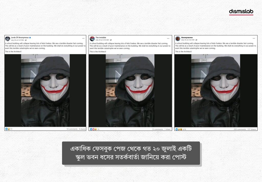 একাধিক ফেসবুক পেজ থেকে গত ২০ জুলাই একটি স্কুল ভবন ধসের সতর্কবার্তা জানিয়ে করা পোস্ট