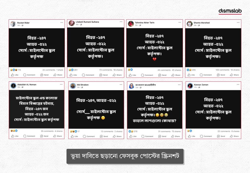 নিহতের সংখ্যা ২৪৭ - এই ভুয়া দাবিতে ছড়ানো ফেসবুক পোস্টের স্ক্রিনশট