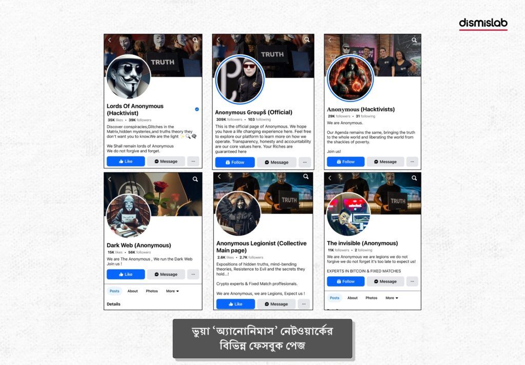 ভুয়া ‘অ্যানোনিমাস’ নেটওয়ার্কের বিভিন্ন ফেসবুক পেজের স্ক্রিনশট