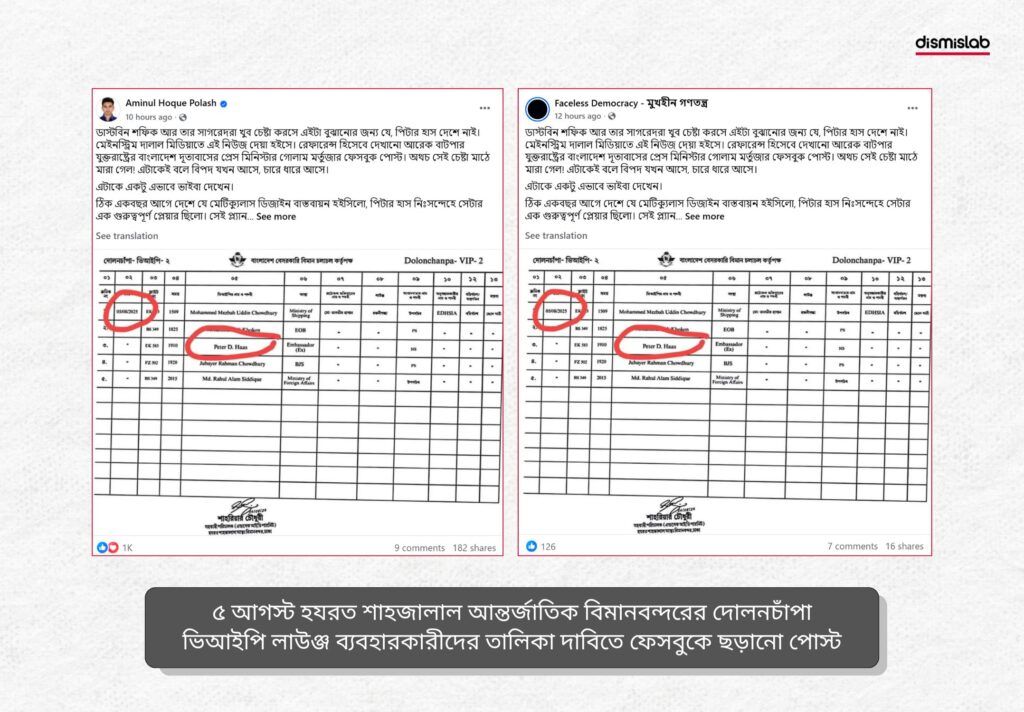 সামাজিকমাধ্যম ফেসবুকে ৫ আগস্ট হযরত শাহজালাল আন্তর্জাতিক বিমানবন্দরের দোলনচাঁপা ভিআইপি লাউঞ্জ ব্যবহারকারীদের একটি তালিকা ছড়াতে দেখা গেছে। তালিকায় বাংলাদেশে নিযুক্ত সাবেক মার্কিন রাষ্ট্রদূত পিটার ডি হাসের নাম রয়েছে। দাবি করা হচ্ছে, ৫ আগস্ট পিটার হাস বাংলাদেশে ছিলেন এবং এই লাউঞ্জ ব্যবহার করে তিনি বাংলাদেশ ত্যাগ করেন। তবে যাচাইয়ে সেখানে অন্তত পাঁচটি অসঙ্গতি খুঁজে পেয়েছে ডিসমিসল্যাব; যা থেকে নিশ্চিত হওয়া যায় যে লাউঞ্জ ব্যবহারকারীদের তালিকার নথিটি ভুয়া।