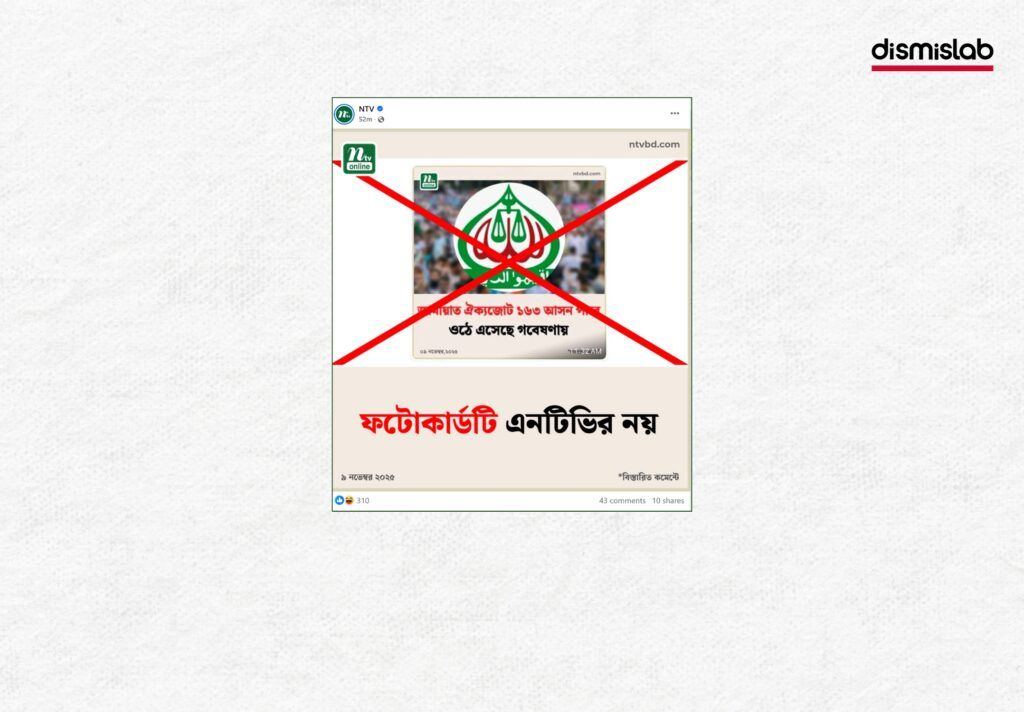 গবেষণায় দেখা গেছে আসন্ন জাতীয় নির্বাচনে জামায়াতে ইসলামি ঐক্যজোট ১৬৩টি আসন পাবে- এনটিভির ফটোকার্ড দিয়ে ছড়ানো হচ্ছে এমন বার্তা। ফ্যাক্টচেক করে ডিসমিসল্যাব নিশ্চিত হয়েছে ফটোকার্ডটি ভুয়া। Factcheck। ফ্যাক্টচেক। ছবি ২