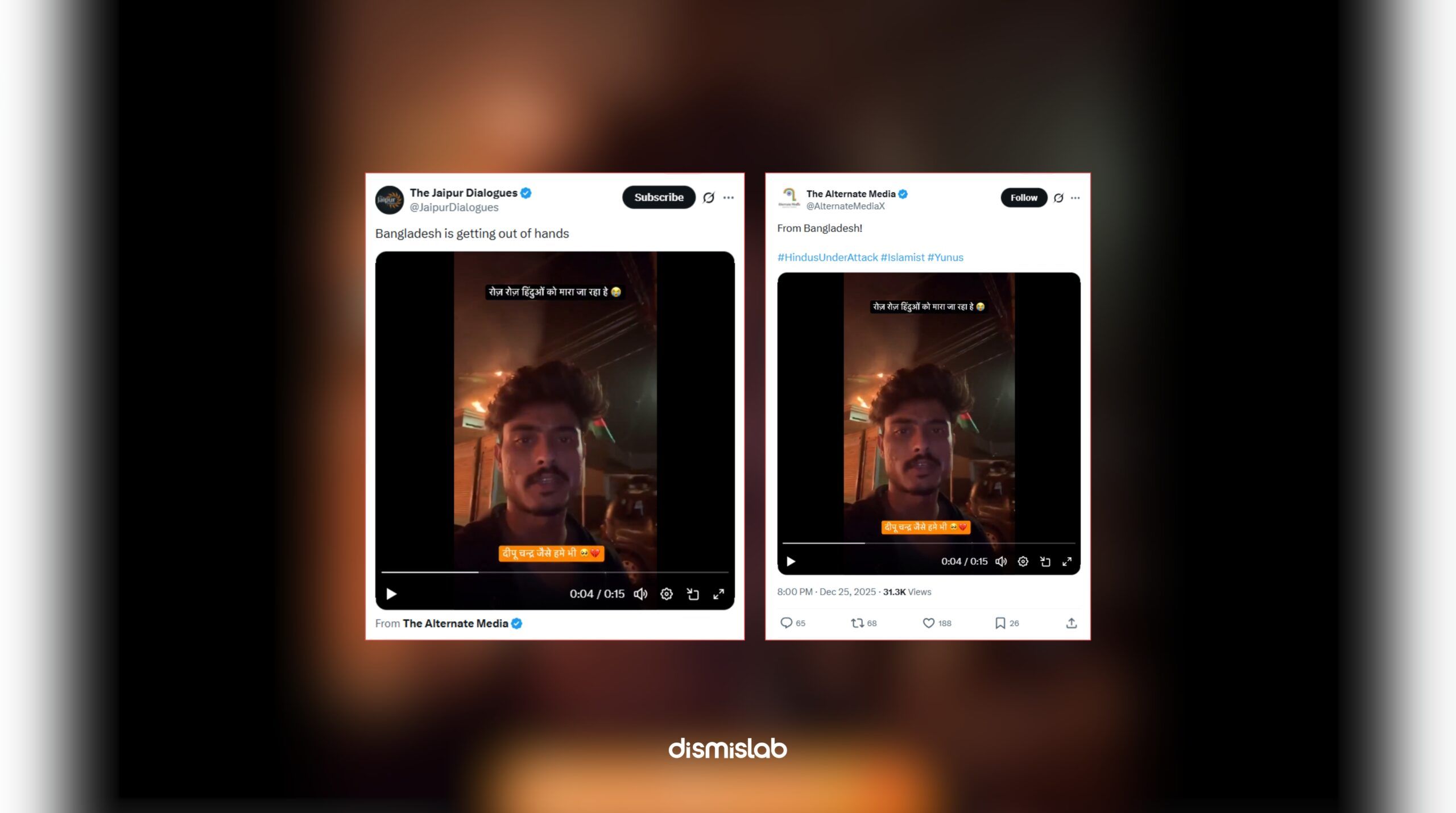 AI-generated video falsely claiming a Hindu youth is pleading for his life in Bangladesh, debunked in a Dismislab fact-check.