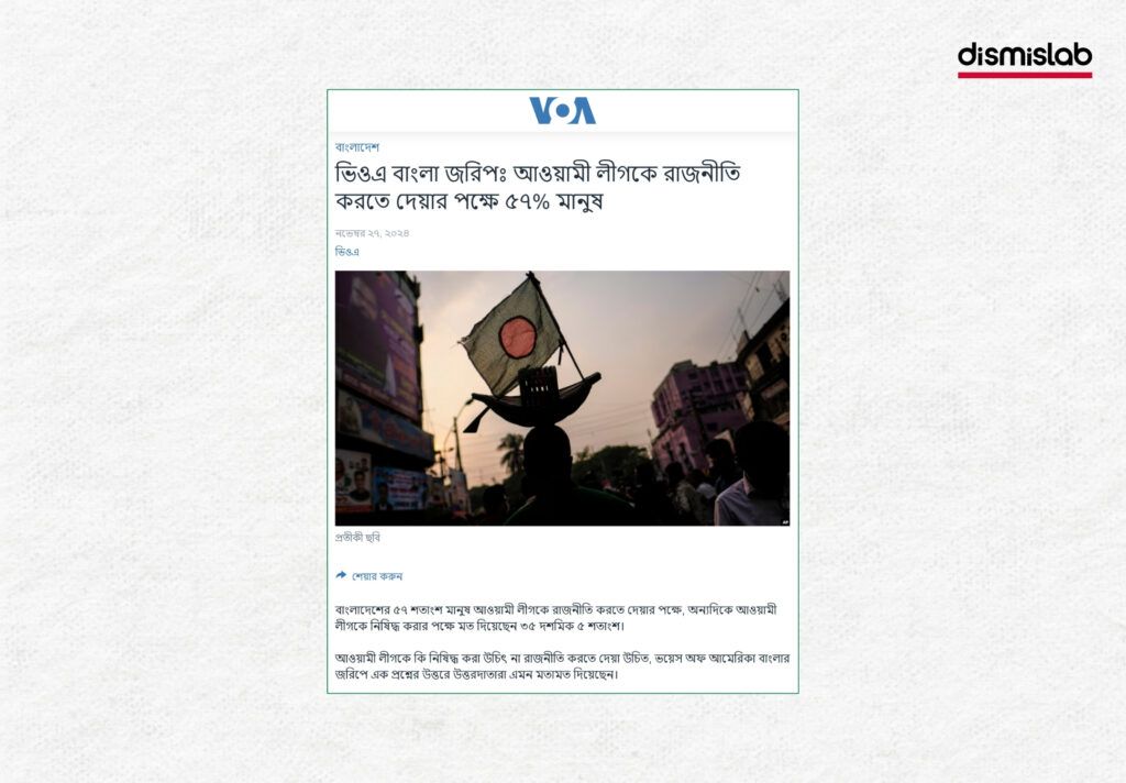 Fact-check: AI-generated video falsely claims a Voice of America survey shows 75% support for the Awami Leagu
