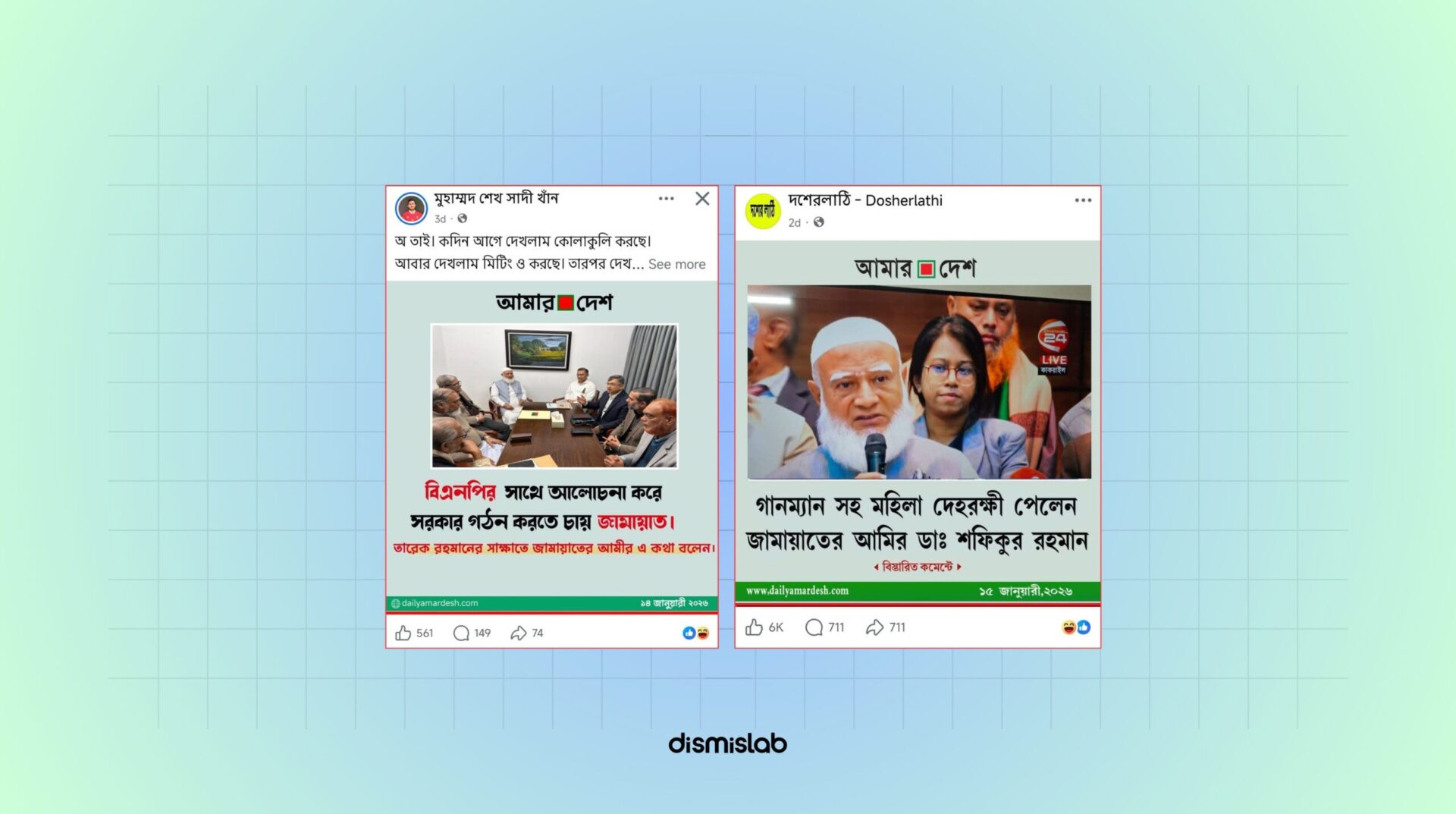 Fact-check showing fake Amar Desh photocards falsely claiming Jamaat-e-Islami ameer Dr Shafiqur Rahman sought to form a government with BNP and received female bodyguards, shared on Facebook.