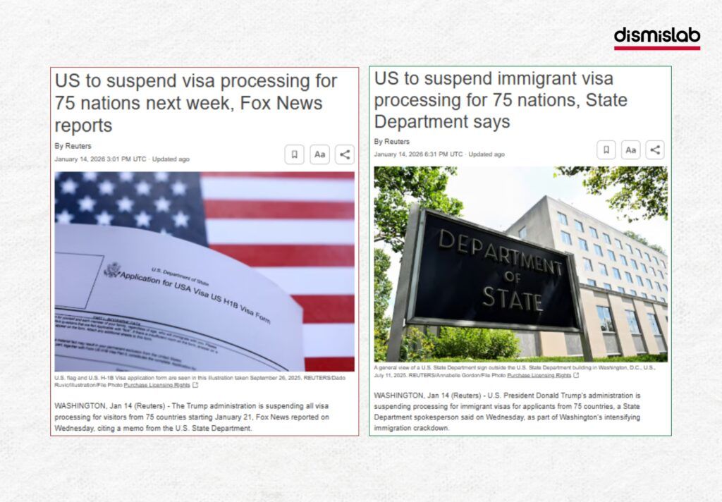 Fact-check report: Due to errors in Fox News and Reuters coverage, claims spread that the United States suspended all types of visas for 75 countries including Bangladesh; verification shows only immigrant visas were suspended, not all visa categories.