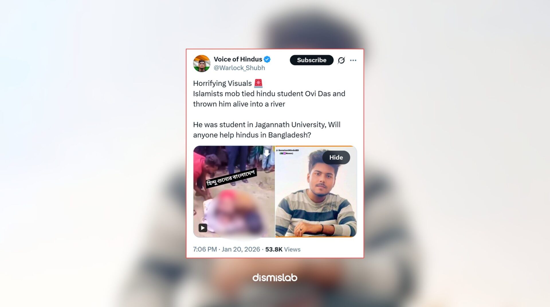 Fact-check report debunking a false claim that Hindu student Abhi Das was murdered in Bangladesh, showing an unrelated 2025 Narayanganj body recovery video falsely shared on X (Twitter).
