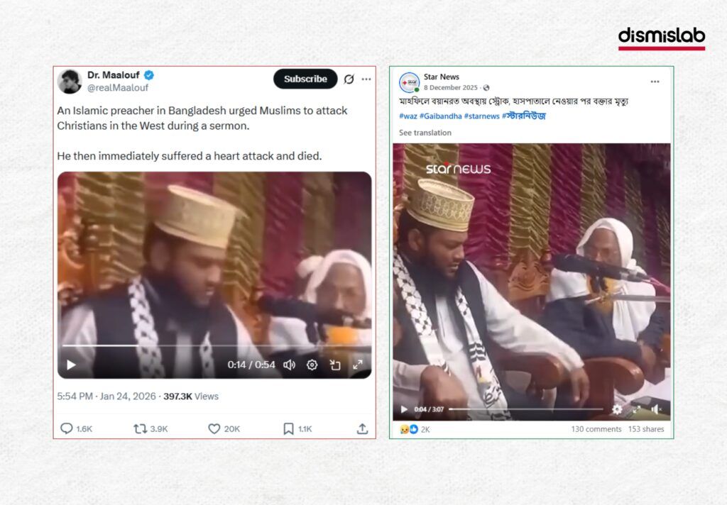Fact-check image of a viral video falsely claiming Islamic speaker Maulana Faridul Islam called for attacks on Christians before collapsing, while verified reports confirm no such statement was made.