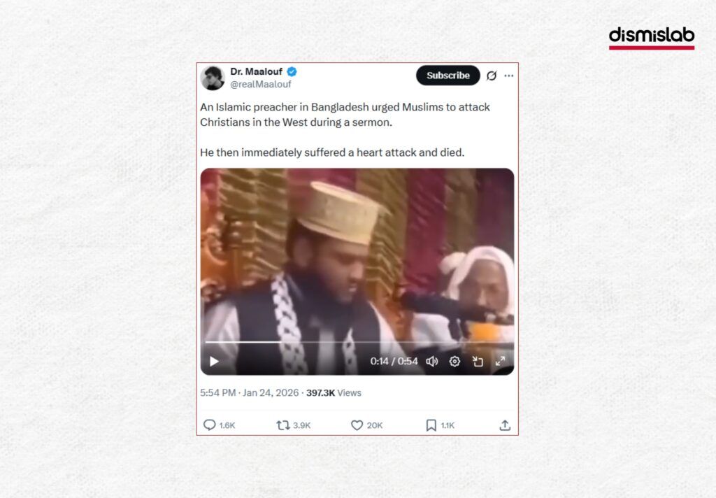 Fact-check image of a viral video falsely claiming Islamic speaker Maulana Faridul Islam called for attacks on Christians before collapsing, while verified reports confirm no such statement was made.