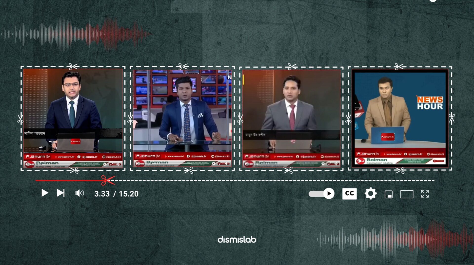 Fact-check report exposing manipulated news anchor videos falsely claiming that Bangladesh’s 13th national election has been cancelled, created by adding misleading audio to original broadcast footage.