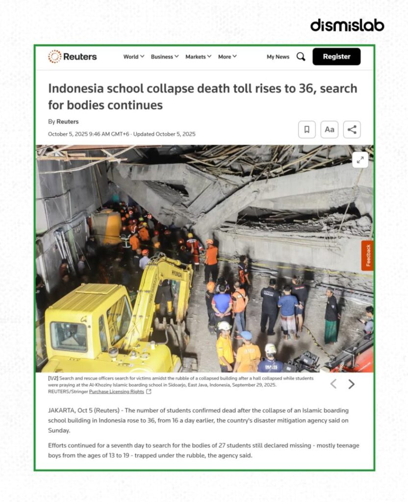 Fact-check of a viral photocard falsely claiming 36 killed in a madrasa collapse and 74 admitted to Dhaka Medical; image traced to a 2025 building collapse in Sidoarjo, Indonesia.