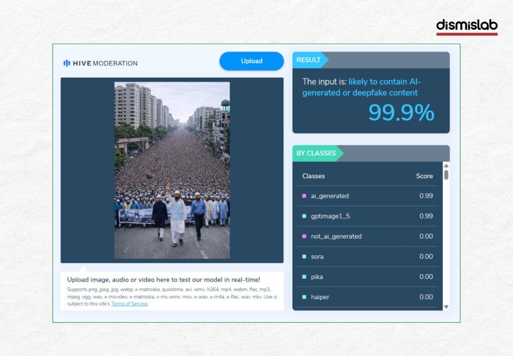Fact-check image showing an AI-generated photo falsely claiming to depict a massive campaign rally led by Maulana Mamunul Haque in Dhaka ahead of Bangladesh’s national election.