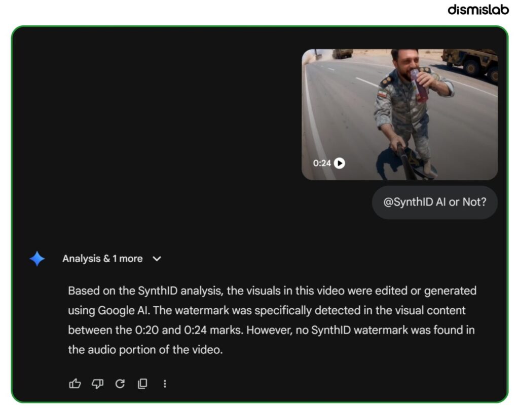 Fact-check of viral video claiming an Iranian soldier drinks juice while a missile is launched behind him; verification shows the footage is AI-generated, not real.