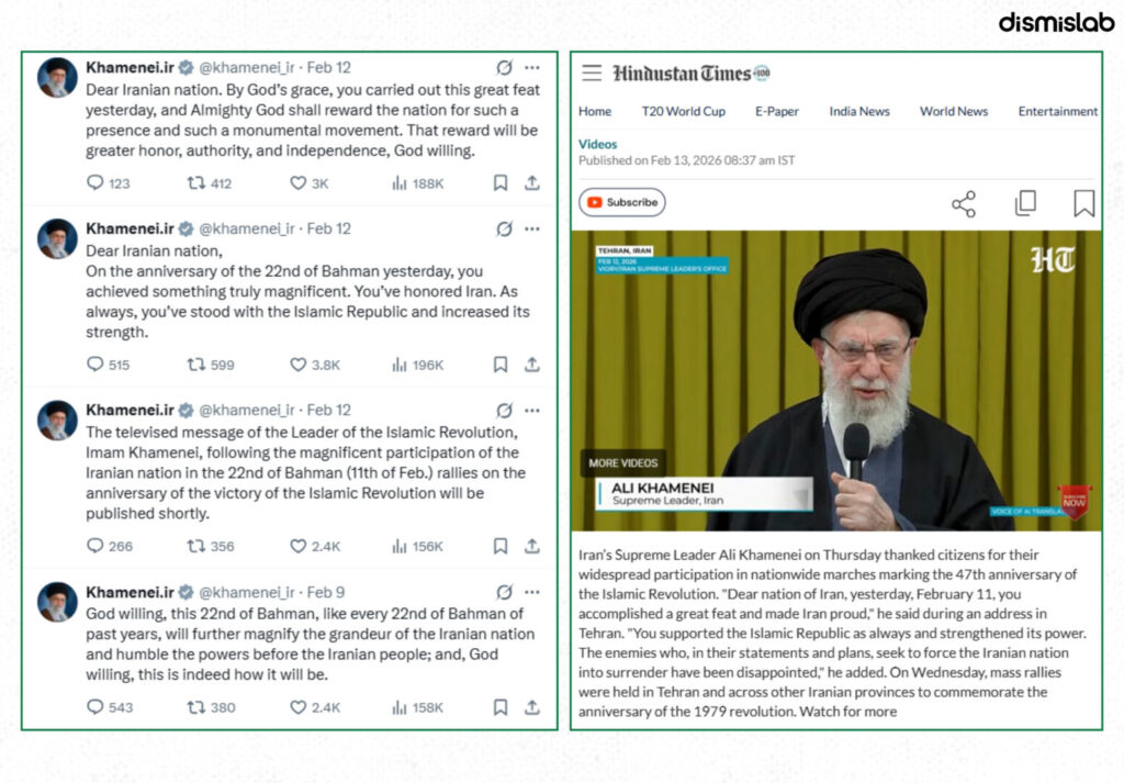 Fact-check: Old video falsely shared as Ayatollah Ali Khamenei saying he is alive after death rumours, but footage is from Iran’s 22 Bahman anniversary speech.