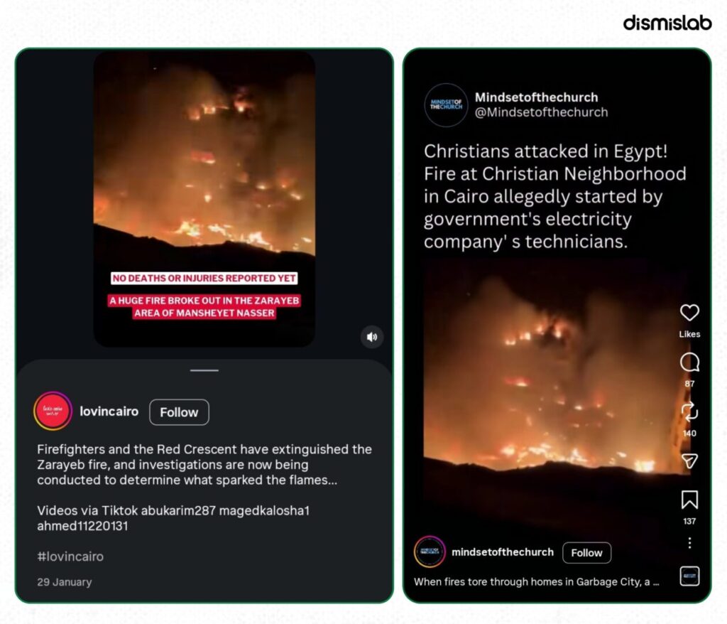 Fact-check of a viral video falsely claiming Iran attacked Israel at night; the footage actually shows a January 29 fire incident in Al-Zarayeb, Manshiyat Naser area of Cairo, Egypt, not an Iranian strike on Tel Aviv.