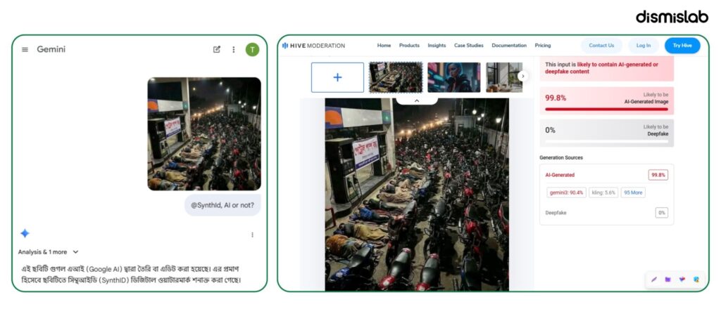 Fact-check of a viral image claiming hundreds of bikers sleeping overnight at a Bangladesh filling station due to fuel shortage, which is actually AI-generated