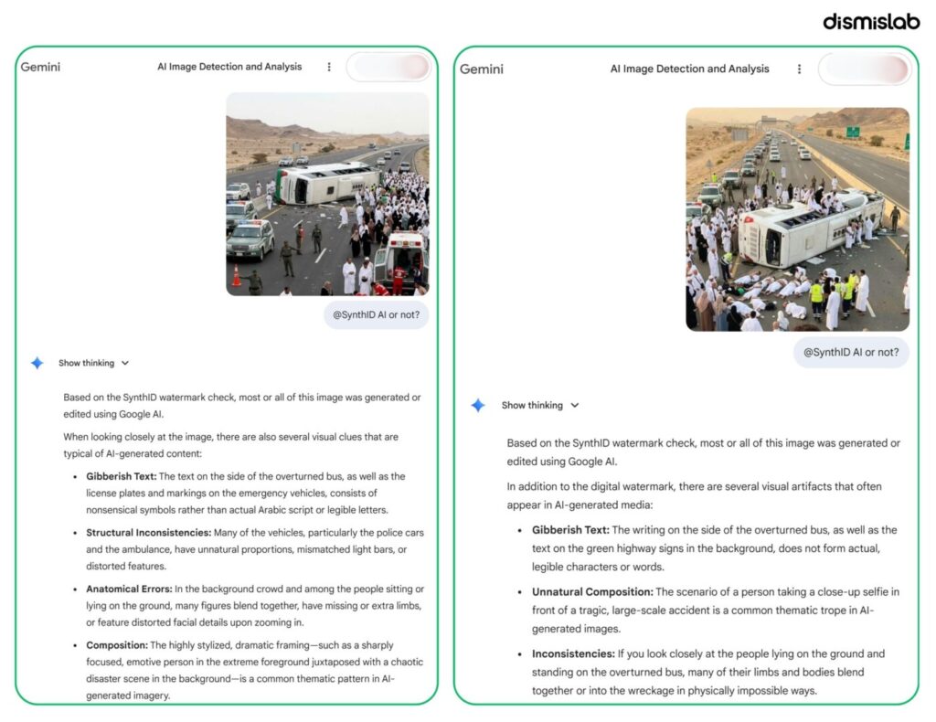 AI-generated images of a bus carrying Bangladeshi Hajj pilgrims overturned on a road falsely shared as real accident—fact-check reveals images are digitally created.