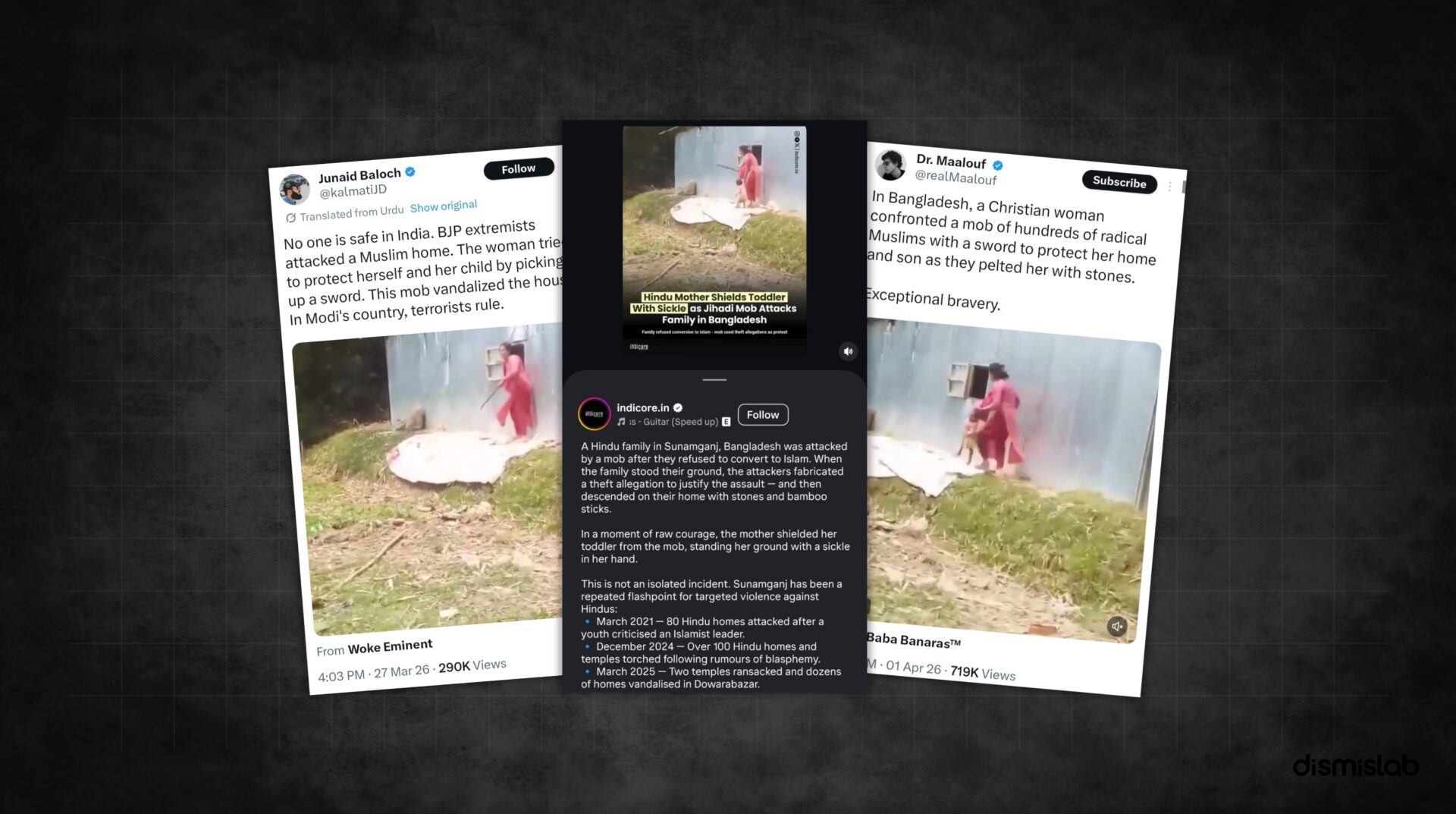 Fact-check of viral video falsely claiming a Christian woman in Bangladesh defended her home from extremist Muslim attackers; the footage actually shows a theft-related mob attack in Sunamganj involving a Muslim family.