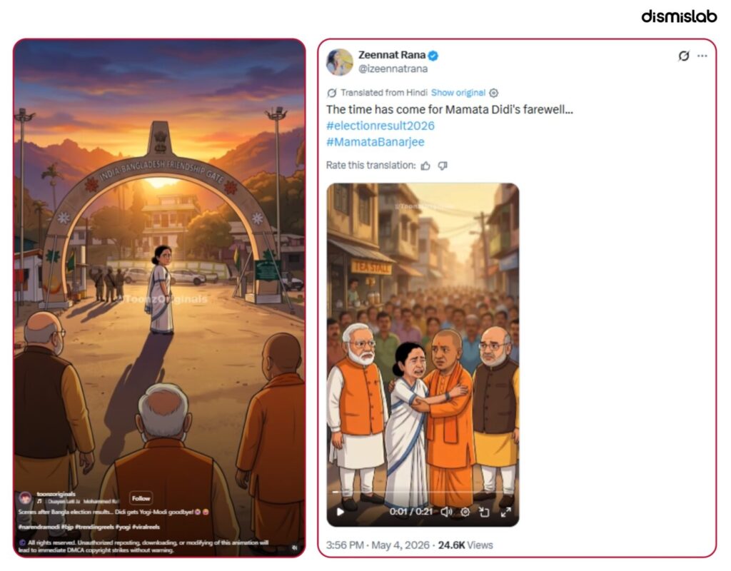 AI-generated and animated videos mocking Mamata Banerjee by depicting her being sent to Bangladesh after the West Bengal election results circulated across social media from India-based pro-BJP accounts.