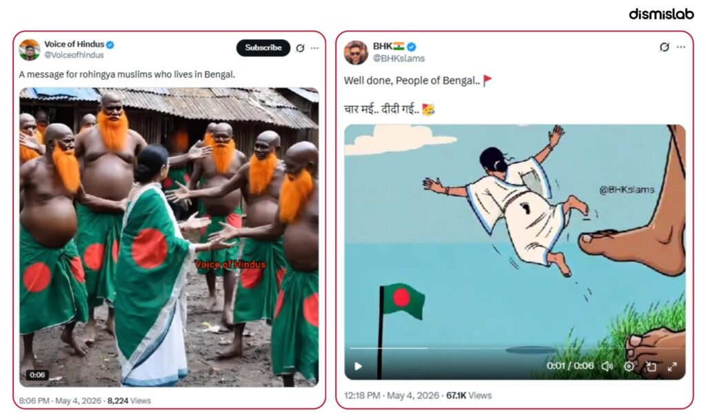 AI-generated and animated videos mocking Mamata Banerjee by depicting her being sent to Bangladesh after the West Bengal election results circulated across social media from India-based pro-BJP accounts.