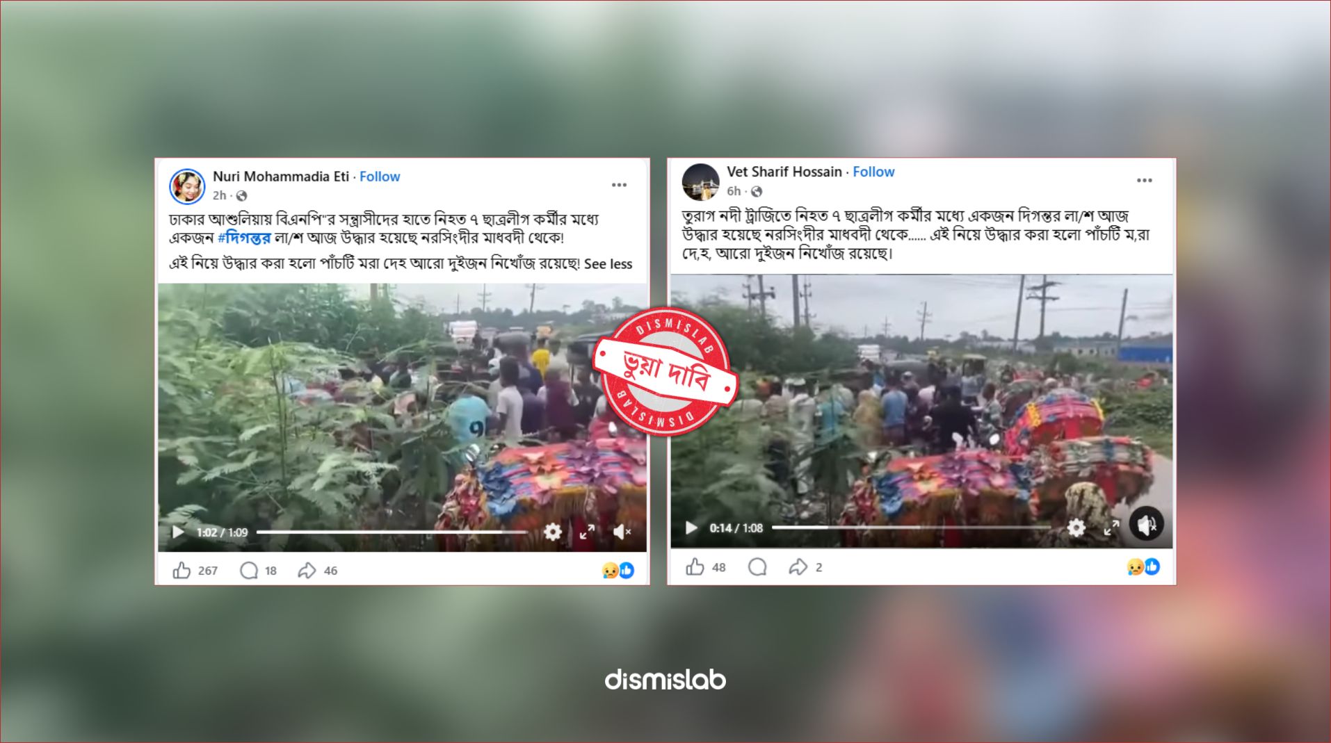 ভিন্ন ঘটনায় উদ্ধার হওয়া মরদেহ তুরাগে নিহত “ছাত্রলীগ কর্মী” বলে প্রচার